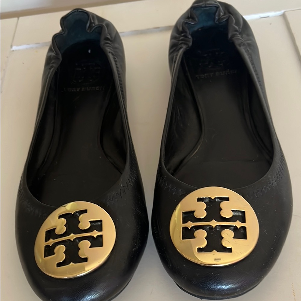 Tory Burch Black Leather Ballet Flats with Gold Logo Medallions